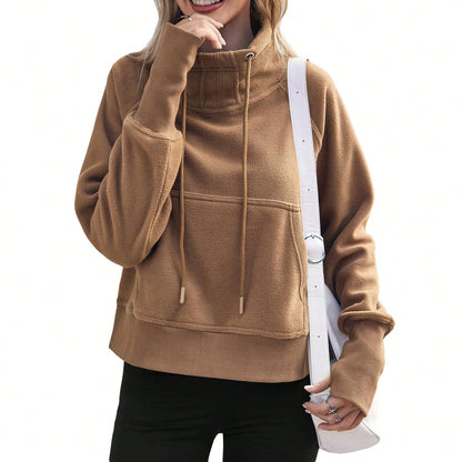 Women Fleece Lined High Neck Drawstring Sweatshirt Long Sleeve Pocket Pullover Top