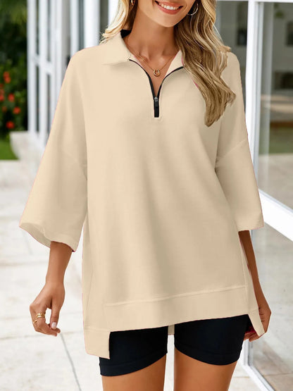 Women's Oversized 3/4 Sleeve Zipper Pullover