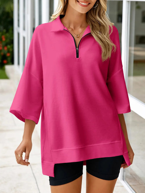 Women's Oversized 3/4 Sleeve Zipper Pullover