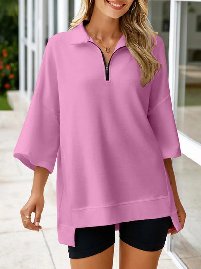Women's Oversized 3/4 Sleeve Zipper Pullover