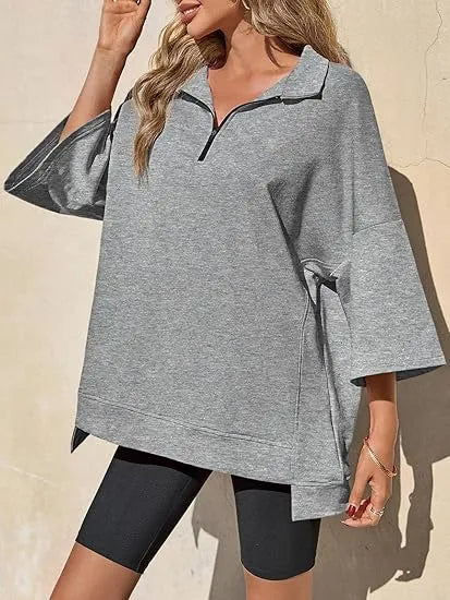 Women's Oversized 3/4 Sleeve Zipper Pullover