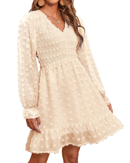 ✨Women's V Neck Casual Smocked Swiss Dot Swing Ruffle Mini Dress