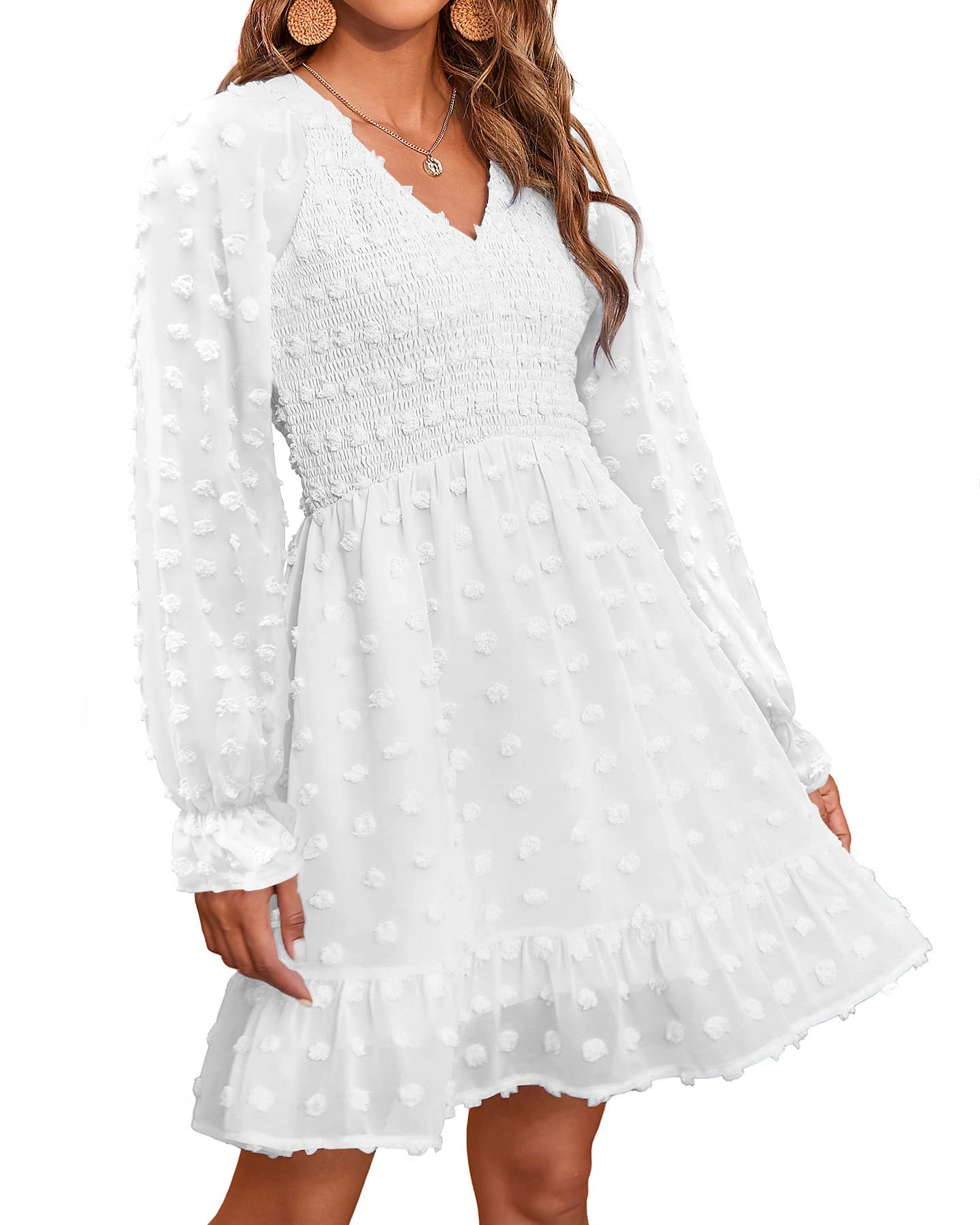 ✨Women's V Neck Casual Smocked Swiss Dot Swing Ruffle Mini Dress