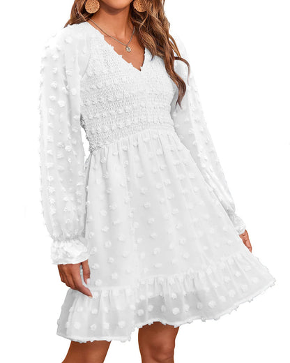 ✨Women's V Neck Casual Smocked Swiss Dot Swing Ruffle Mini Dress