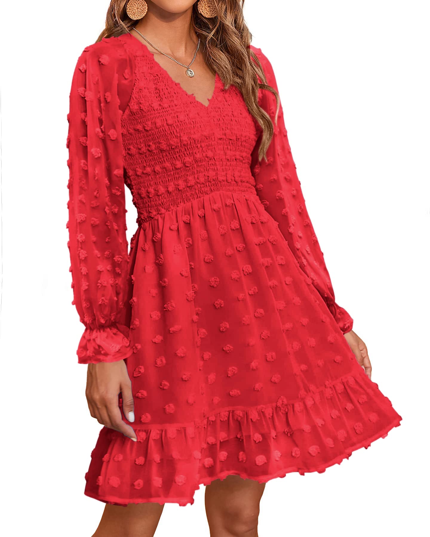 ✨Women's V Neck Casual Smocked Swiss Dot Swing Ruffle Mini Dress