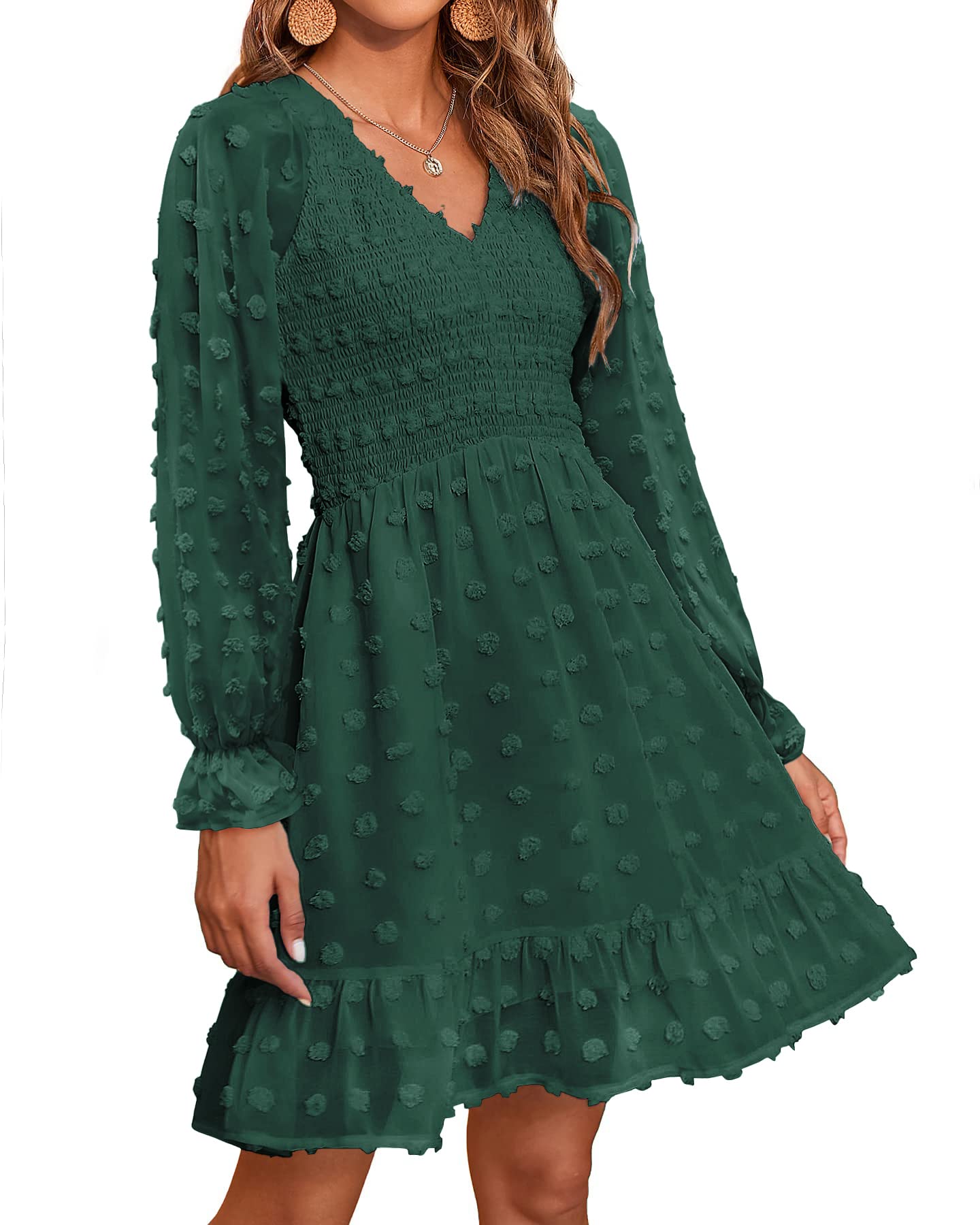 ✨Women's V Neck Casual Smocked Swiss Dot Swing Ruffle Mini Dress
