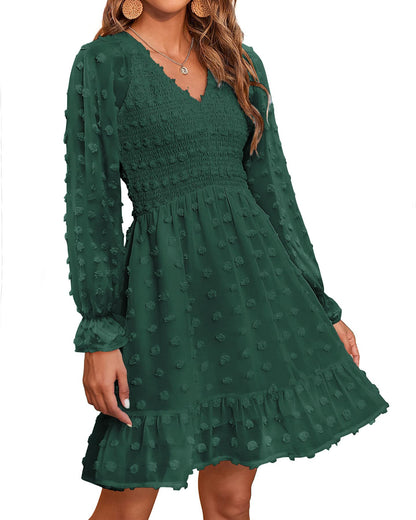 ✨Women's V Neck Casual Smocked Swiss Dot Swing Ruffle Mini Dress