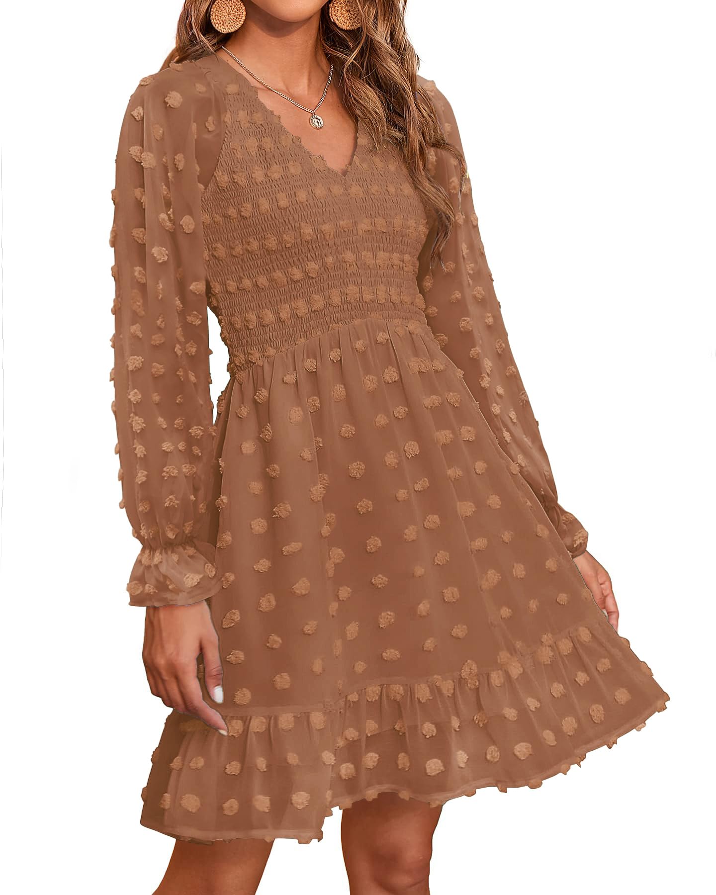 ✨Women's V Neck Casual Smocked Swiss Dot Swing Ruffle Mini Dress