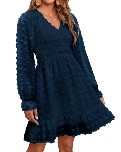 ✨Women's V Neck Casual Smocked Swiss Dot Swing Ruffle Mini Dress