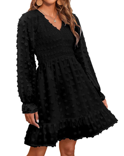 ✨Women's V Neck Casual Smocked Swiss Dot Swing Ruffle Mini Dress