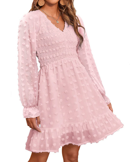 ✨Women's V Neck Casual Smocked Swiss Dot Swing Ruffle Mini Dress
