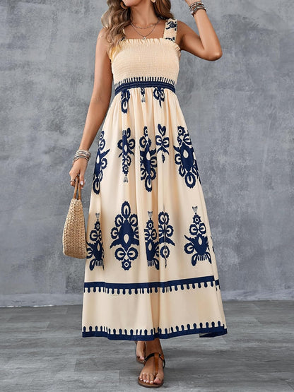 Womens Casual Sleeveless Square Neck Floral Aline Smocked Dresses with Pockets