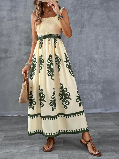 Womens Casual Sleeveless Square Neck Floral Aline Smocked Dresses with Pockets