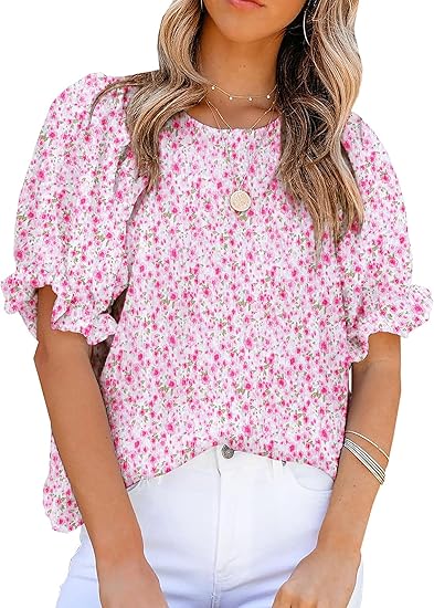 ⏰Hot Sale-Women's Crewneck Smocked Puff Sleeve Floral Print Blouse