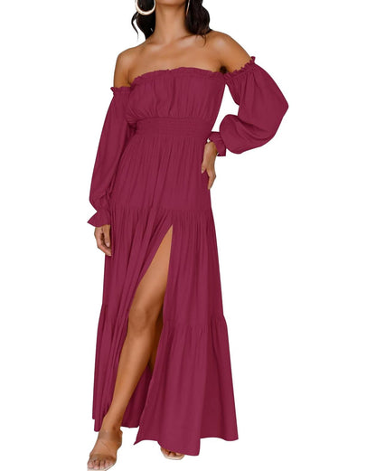 ⏰Hot Sale-Women's Boho Off Shoulder Long Sleeve Side Split Flowy A Line Long Maxi Dress
