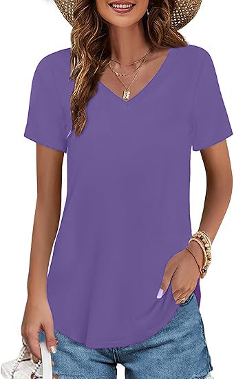 ✨Women's V-neck Short Sleeve Curved Hem Tee Top