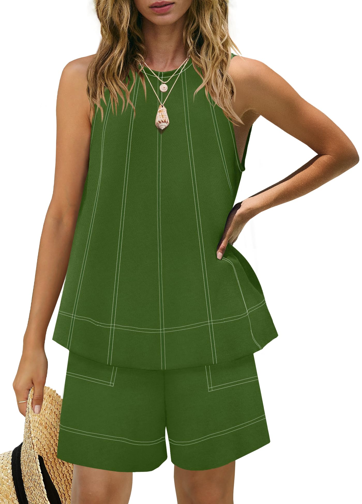 Women's Contrast Stitch 2-Piece Outfit, Sleeveless Tank Top & High Waist Shorts Set