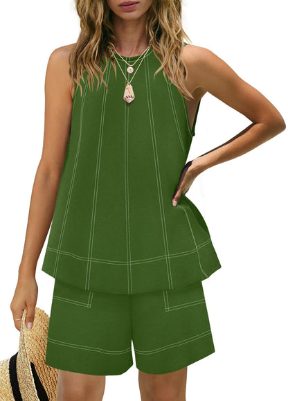 Women's Contrast Stitch 2-Piece Outfit, Sleeveless Tank Top & High Waist Shorts Set