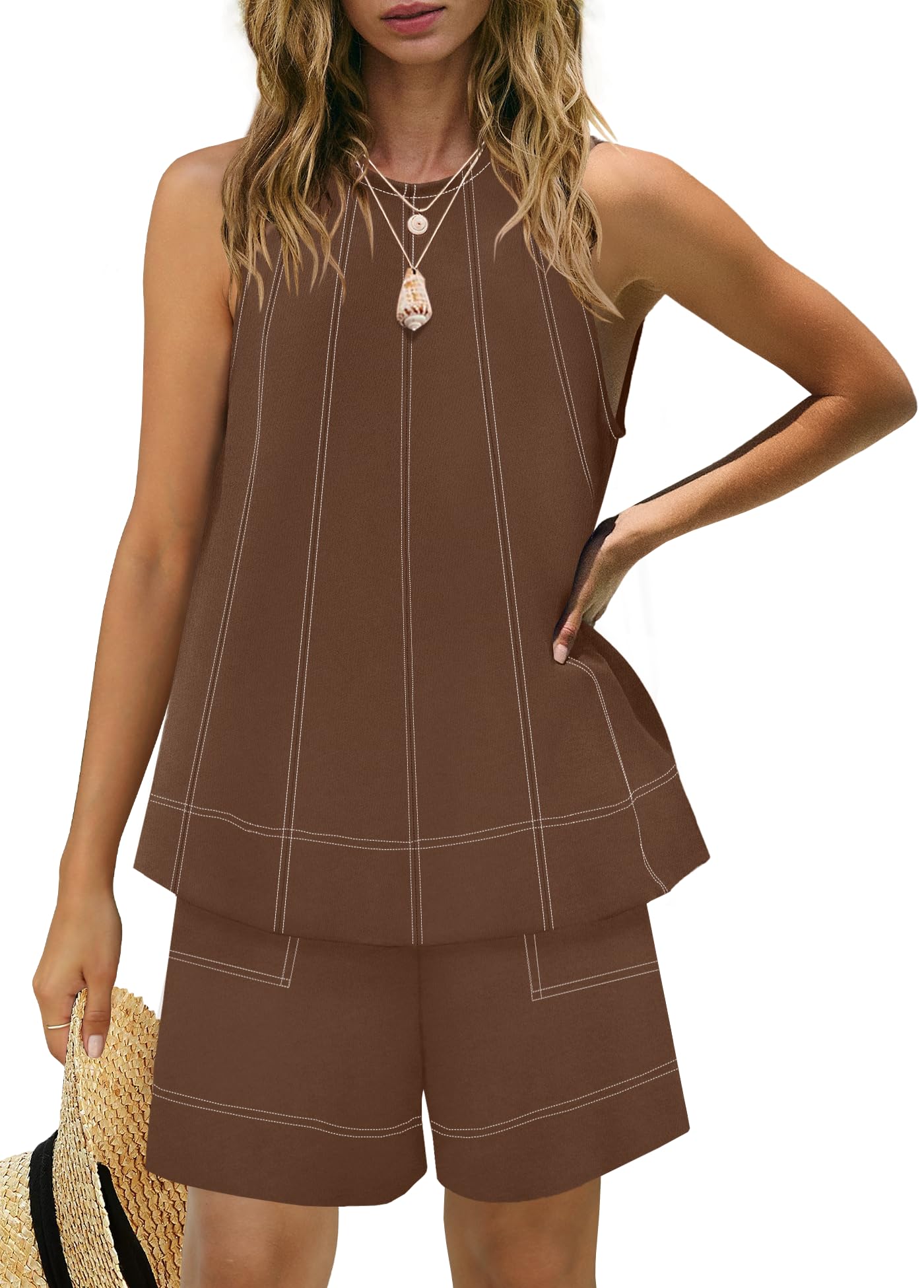 Women's Contrast Stitch 2-Piece Outfit, Sleeveless Tank Top & High Waist Shorts Set