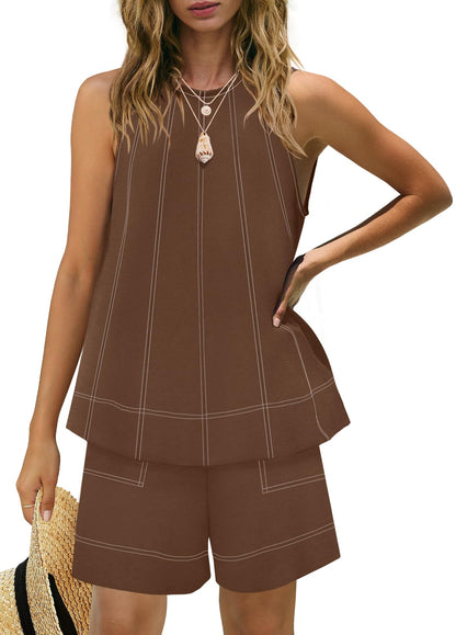 Women's Contrast Stitch 2-Piece Outfit, Sleeveless Tank Top & High Waist Shorts Set