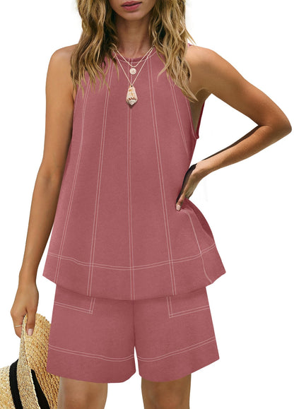 Women's Contrast Stitch 2-Piece Outfit, Sleeveless Tank Top & High Waist Shorts Set
