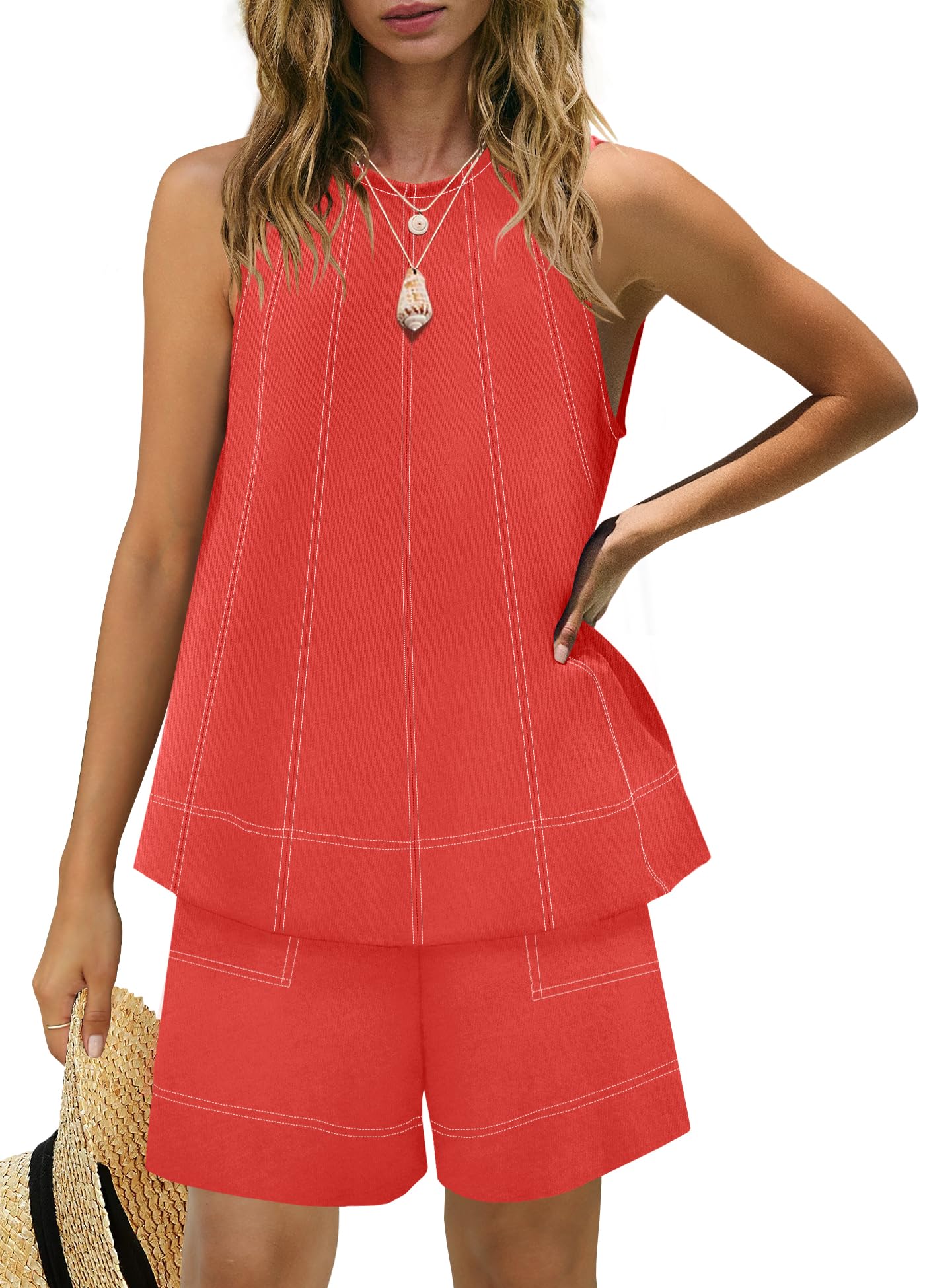 Women's Contrast Stitch 2-Piece Outfit, Sleeveless Tank Top & High Waist Shorts Set