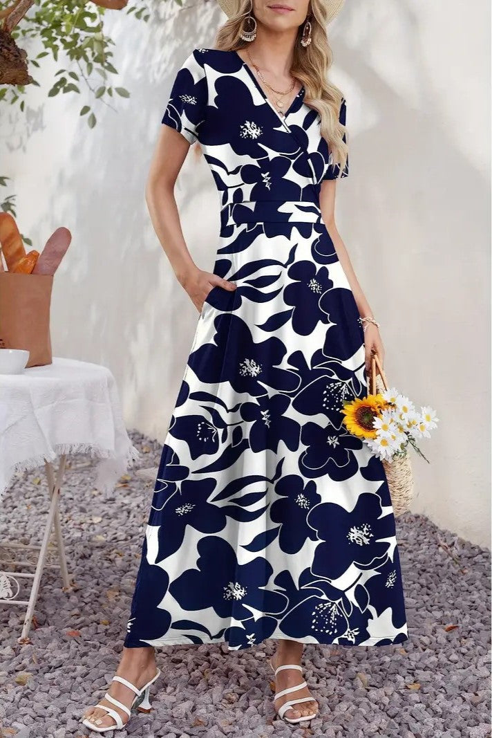 Women Short Sleeve V Neck Floral Wrap Maxi Dress