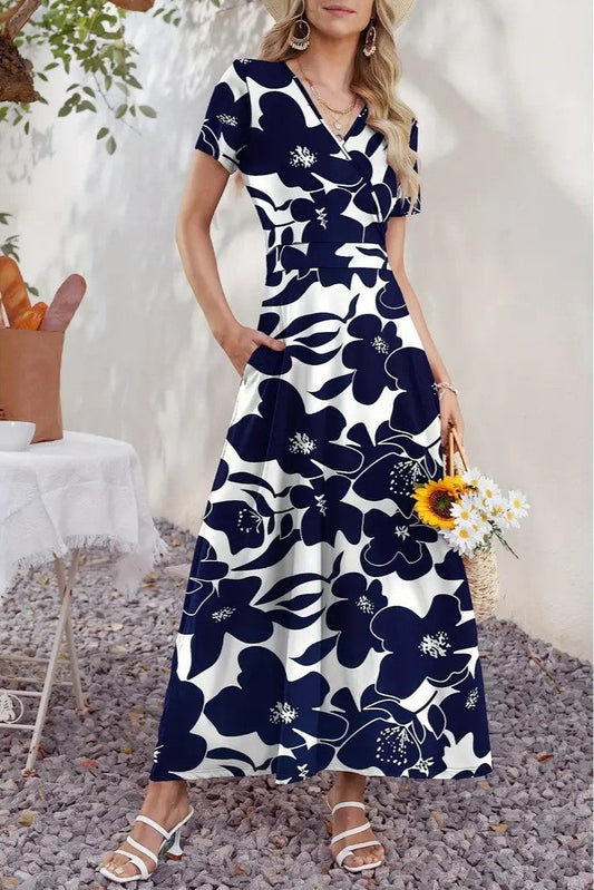 Women Short Sleeve V Neck Floral Wrap Maxi Dress