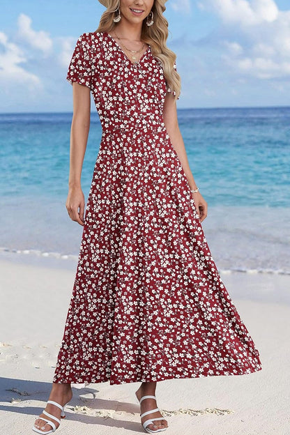 Women Short Sleeve V Neck Floral Wrap Maxi Dress