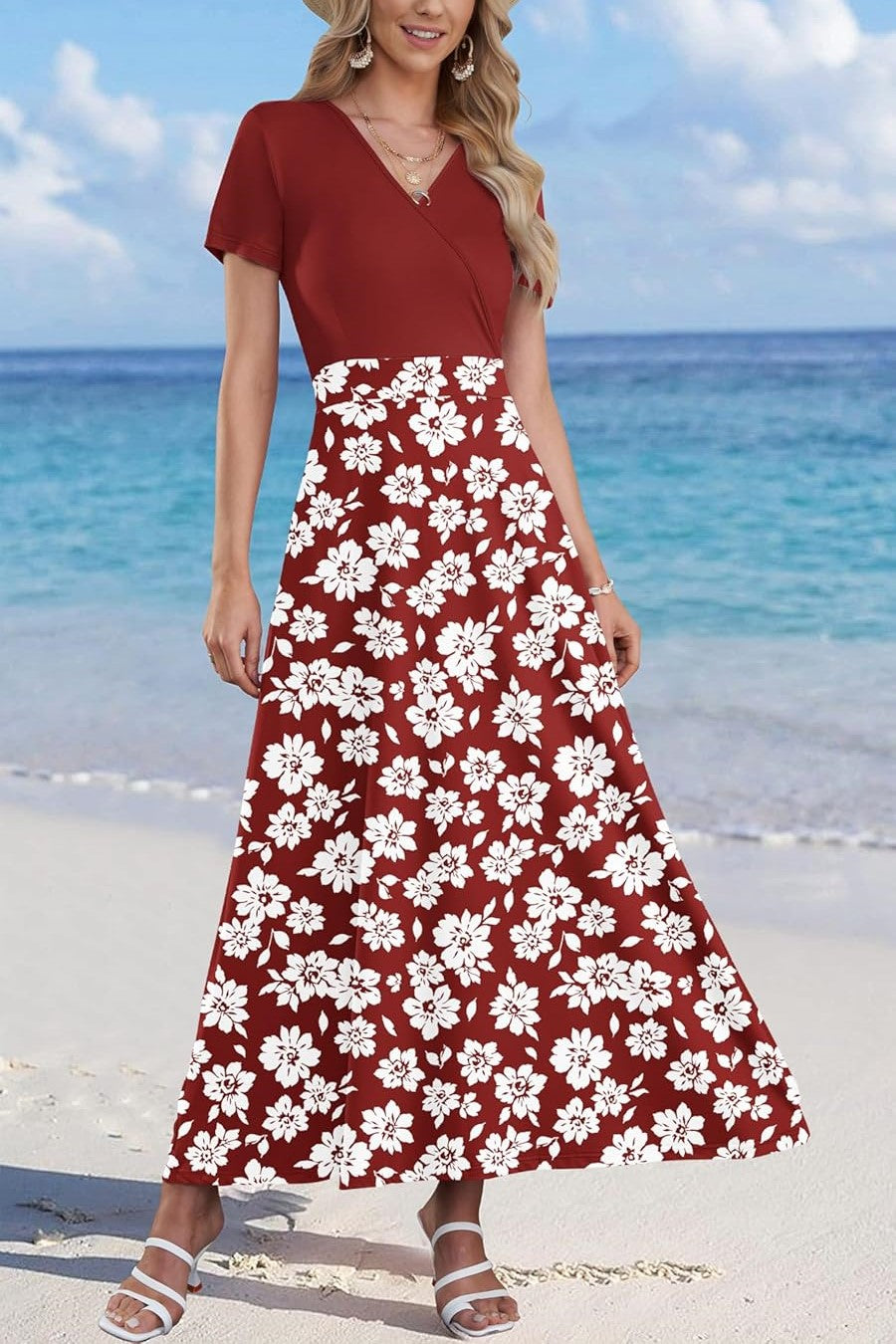 Women Short Sleeve V Neck Floral Wrap Maxi Dress