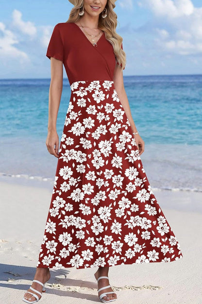 Women Short Sleeve V Neck Floral Wrap Maxi Dress