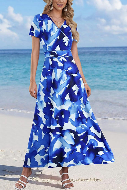 Women Short Sleeve V Neck Floral Wrap Maxi Dress