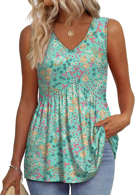 📣Women's Print Flowy Sleeveless V Neck Peplum Tank Tops