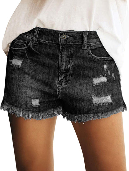 Women's Mid Rise Denim Shorts Stretch Ripped Raw Hem Jean Shorts