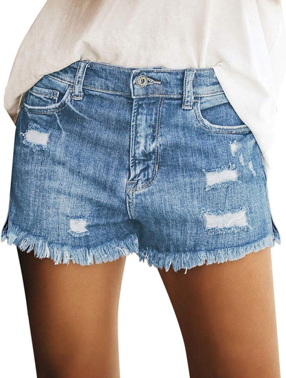 Women's Mid Rise Denim Shorts Stretch Ripped Raw Hem Jean Shorts