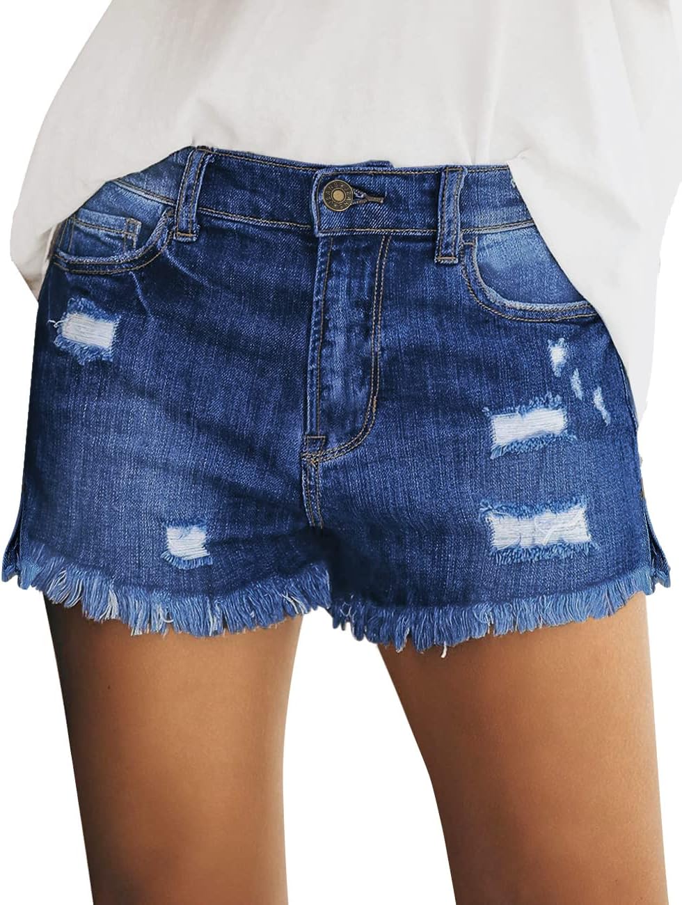 Women's Mid Rise Denim Shorts Stretch Ripped Raw Hem Jean Shorts