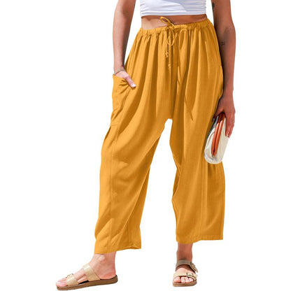 Womens Linen Drawstring Palazzo Harem Pants with Pockets