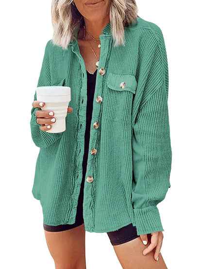 ⏰Hot Sale-Women's Loose Fit Batwing Sleeve Waffle Knit Button Down Shacket Top