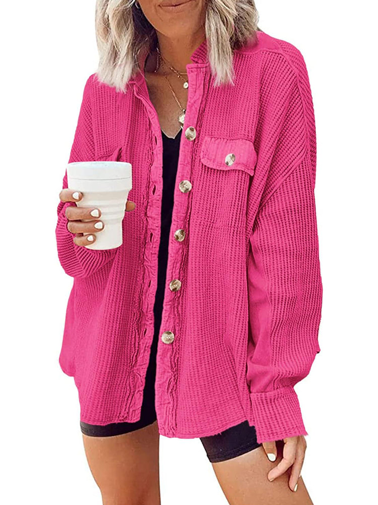 ⏰Hot Sale-Women's Loose Fit Batwing Sleeve Waffle Knit Button Down Shacket Top