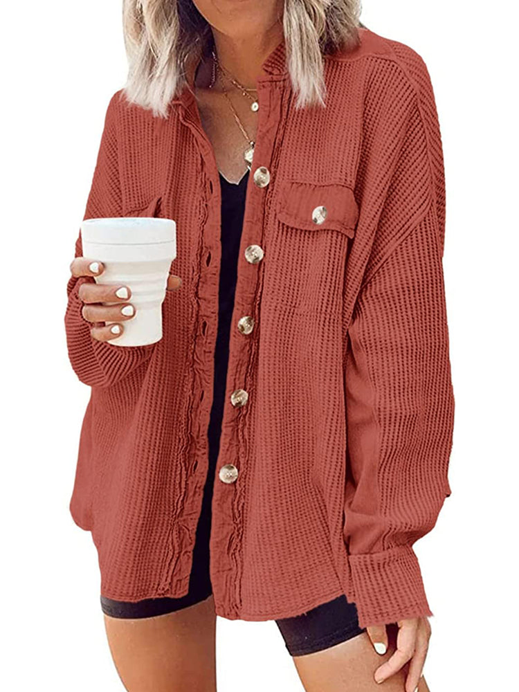 ⏰Hot Sale-Women's Loose Fit Batwing Sleeve Waffle Knit Button Down Shacket Top