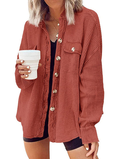 ⏰Hot Sale-Women's Loose Fit Batwing Sleeve Waffle Knit Button Down Shacket Top