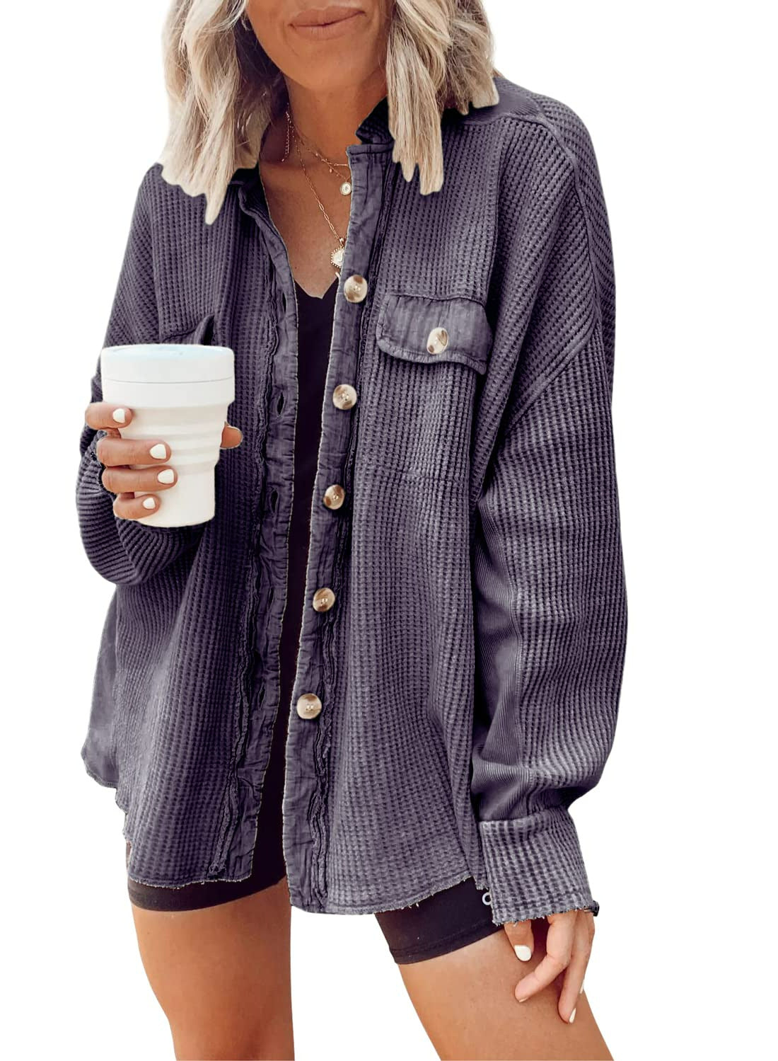 ⏰Hot Sale-Women's Loose Fit Batwing Sleeve Waffle Knit Button Down Shacket Top
