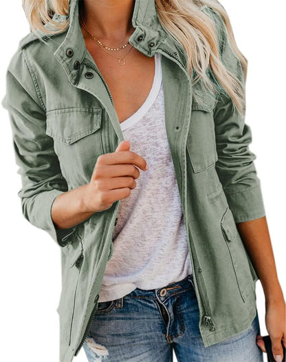 Women's Fall Stand Collar Zip Up Military Cotton Utility Safari Jacket