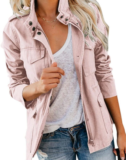 Women's Fall Stand Collar Zip Up Military Cotton Utility Safari Jacket