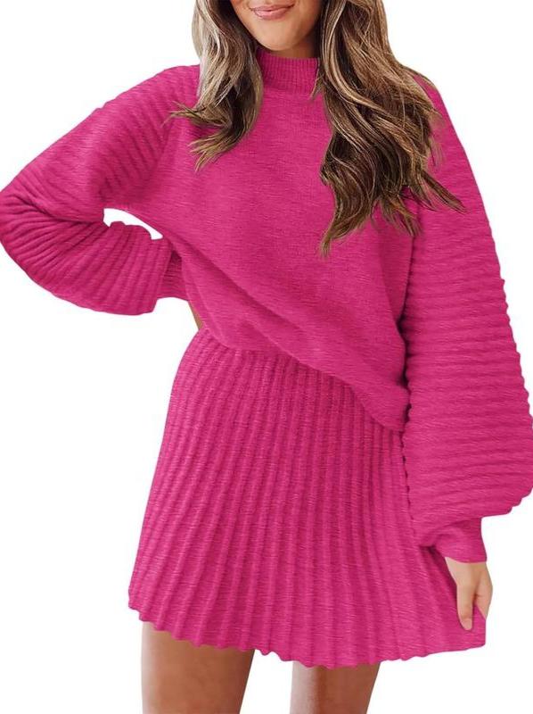 Women Mock Neck Ribbed Sweater & A-line Skirt 2 Piece Set