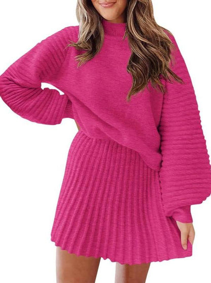 Women Mock Neck Ribbed Sweater & A-line Skirt 2 Piece Set