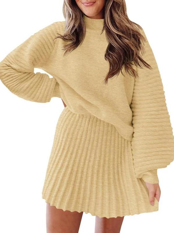 Women Mock Neck Ribbed Sweater & A-line Skirt 2 Piece Set