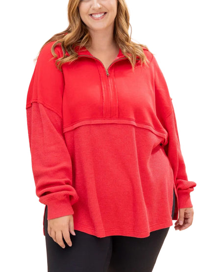 Women Waffle Knit Quarter Zip Long Sleeve Pullover