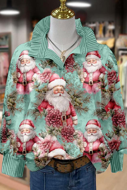 Vintage Christmas Santa Print Long Sleeve Top Casual Blouses