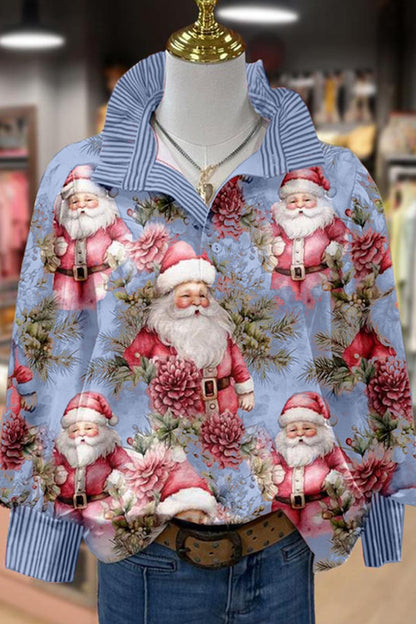 Vintage Christmas Santa Print Long Sleeve Top Casual Blouses